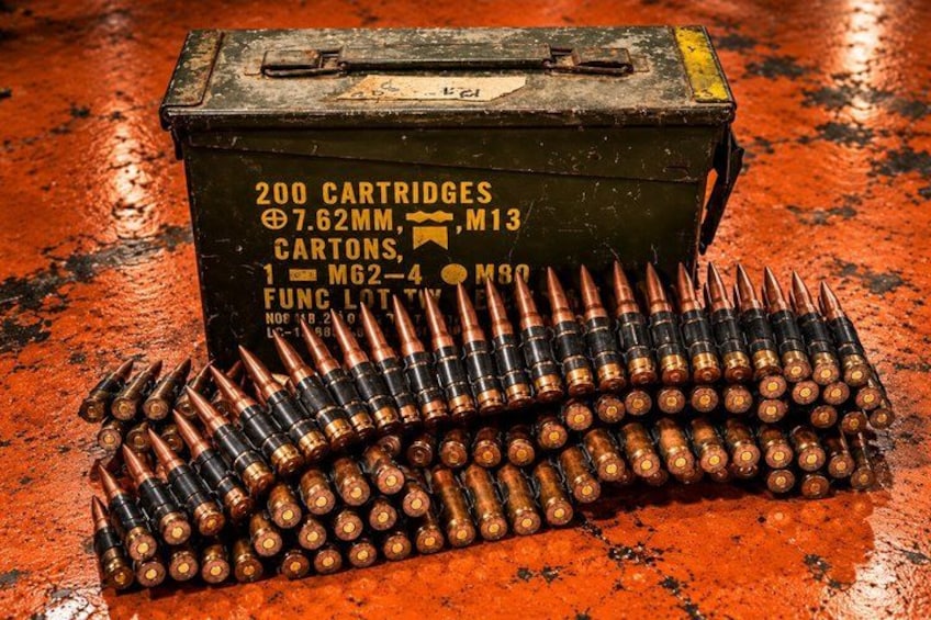 A box of 200 cartridges with a label indicating 7.62mm, M13, MG62-4, and M80. 4