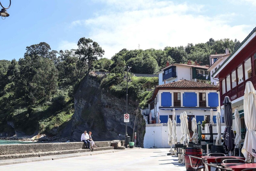 A coastal town with a cliff, a building with blue shutters, and a sign prohibiting dogs. 3