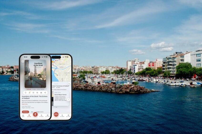 A smartphone displaying a map of a coastal city with a rocky breakwater and buildings in the background. 1