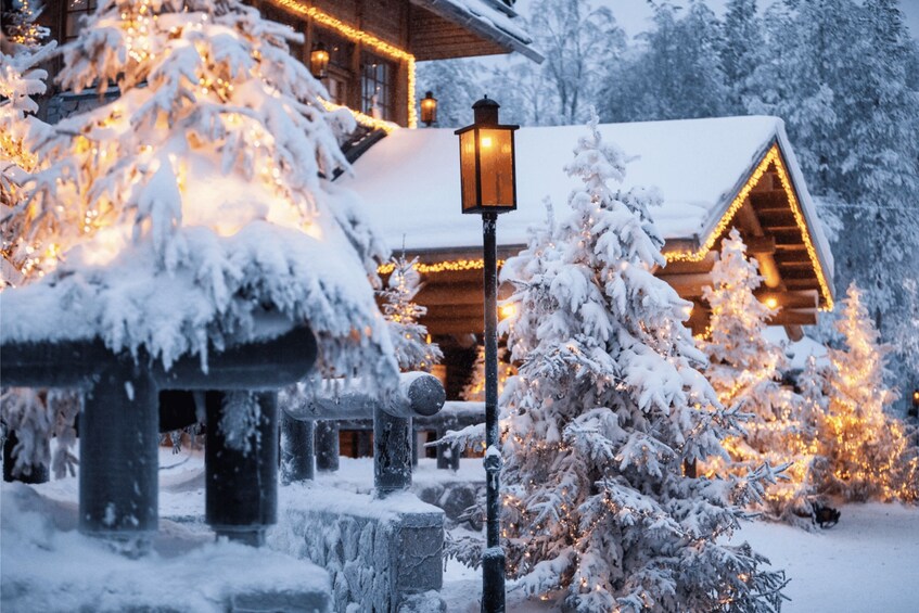Un bâtiment recouvert de neige, illuminé par des lumières, et un arbre également recouvert de neige, visible au premier plan. 3