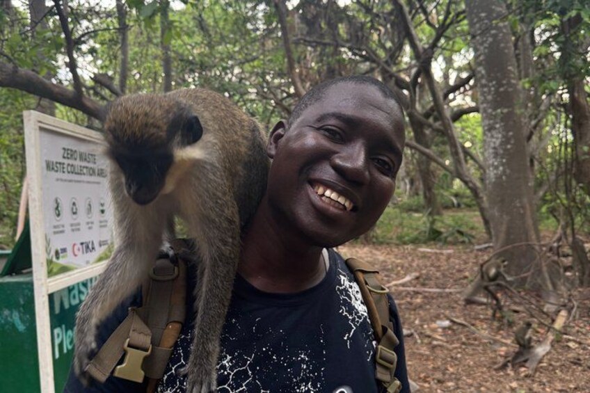 A person carrying a monkey on their shoulder with a sign about zero waste in the background. 2