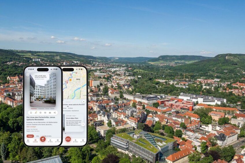 A smartphone displaying a cityscape with a prominent building and a map. 1