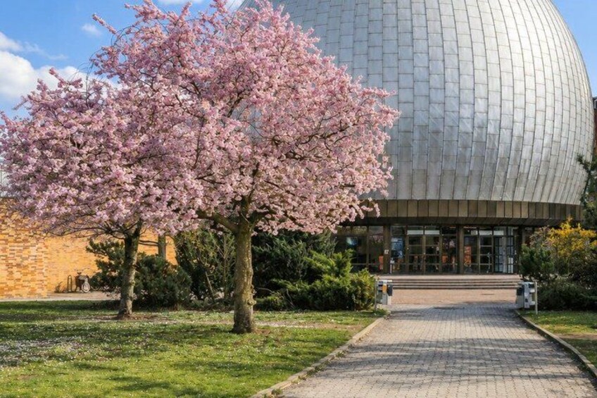 A building with a dome, cherry blossom trees, and a paved pathway. 2