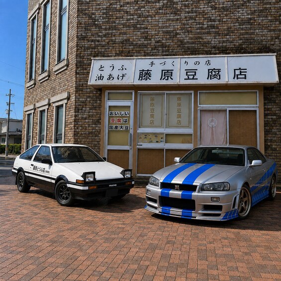 Two cars parked in front of a building with Japanese signage. 1