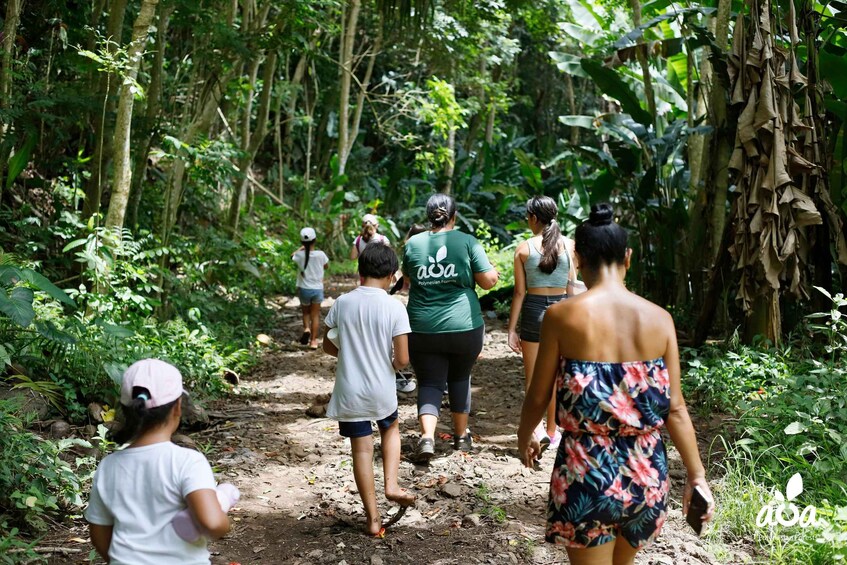 A group of people walking on a dirt path through a dense forest. 2