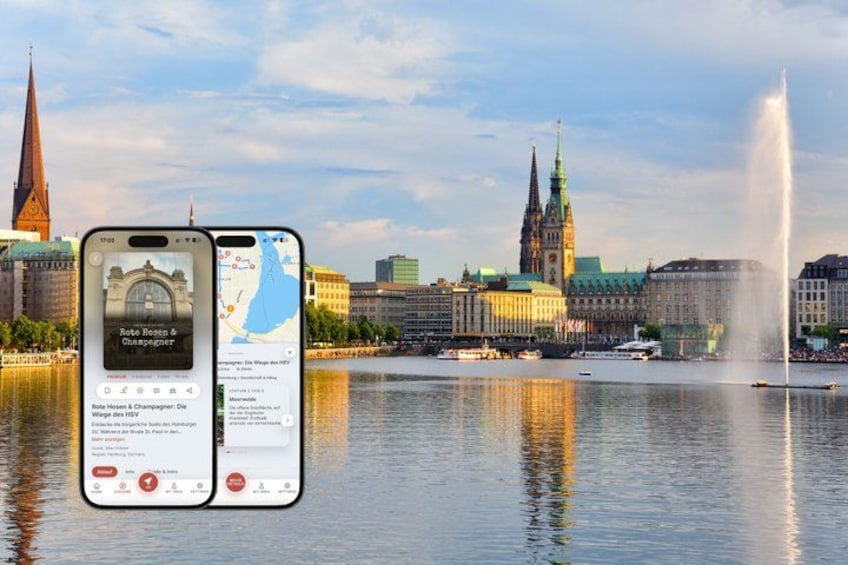 A smartphone displaying a map with a cityscape in the background. 1