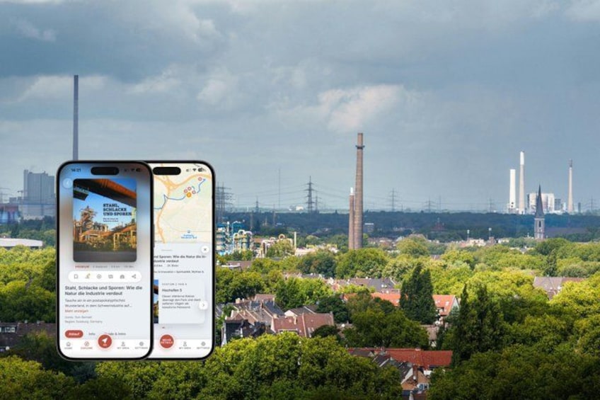 A smartphone displaying a map and a scenic view of a town with industrial structures in the background. 1