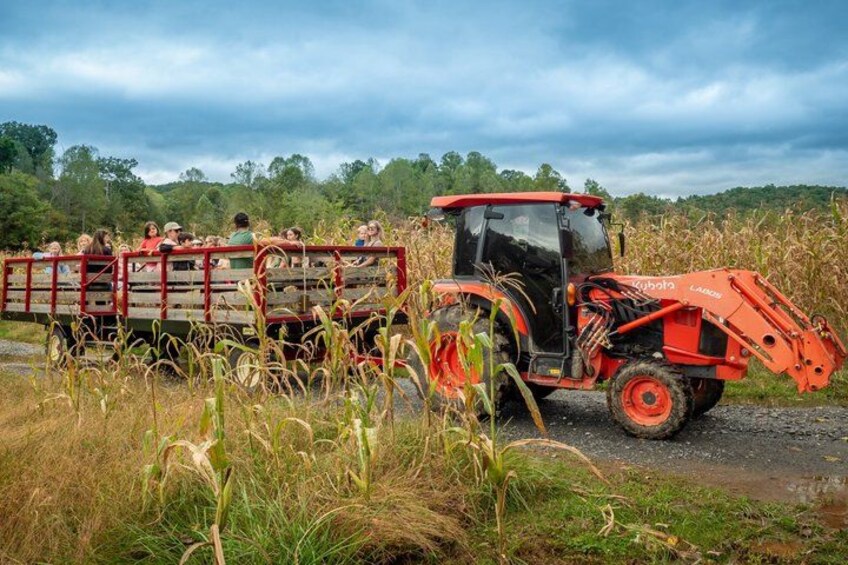 A red Kubota tractor pulling a trailer with passengers. 1