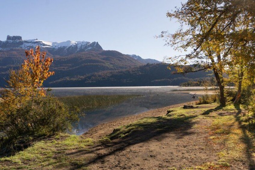A lake surrounded by mountains, a tree with autumn leaves, and a clear sky. 5