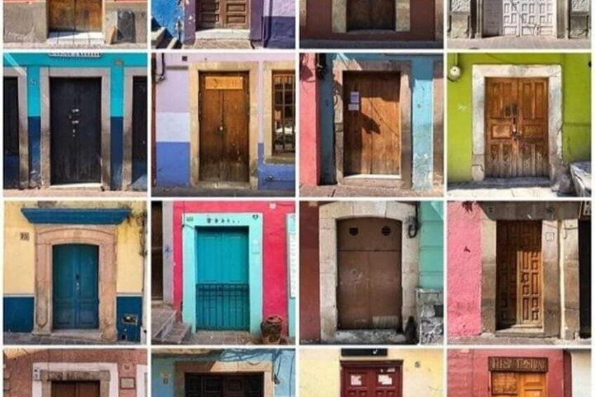 A collage of various doors and windows, some with signs, in different colors and styles. 2