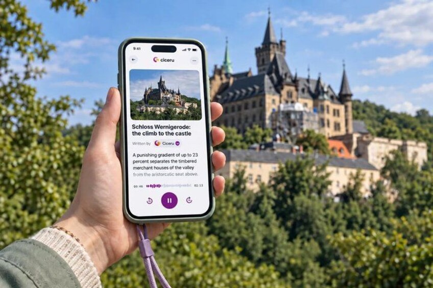 A hand holding a smartphone displaying a castle with a steep incline, surrounded by greenery. 2