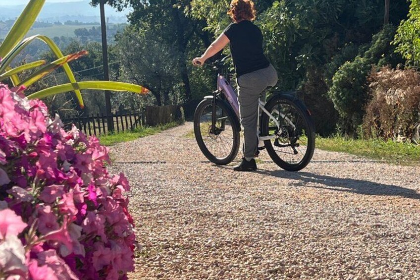 A person riding a bicycle on a gravel path with flowers and greenery in the background. 4