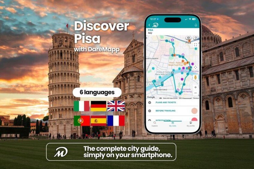 The Leaning Tower of Pisa and a smartphone displaying a map with travel options. 1