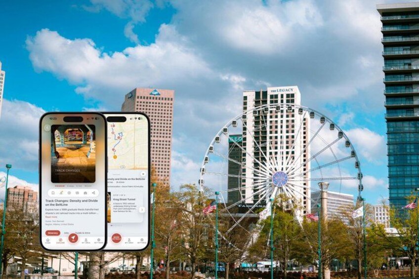 A smartphone displaying a map with a Ferris wheel and tall buildings in the background. 1
