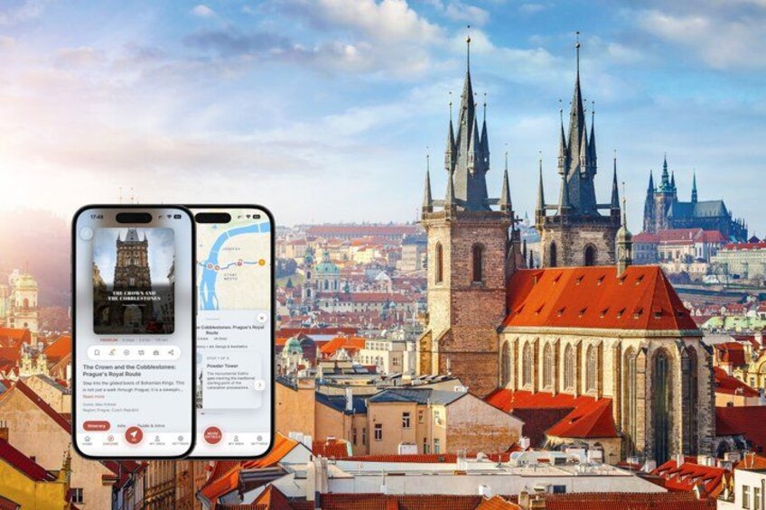 A smartphone displaying a map with a view of Prague's historic architecture. 1
