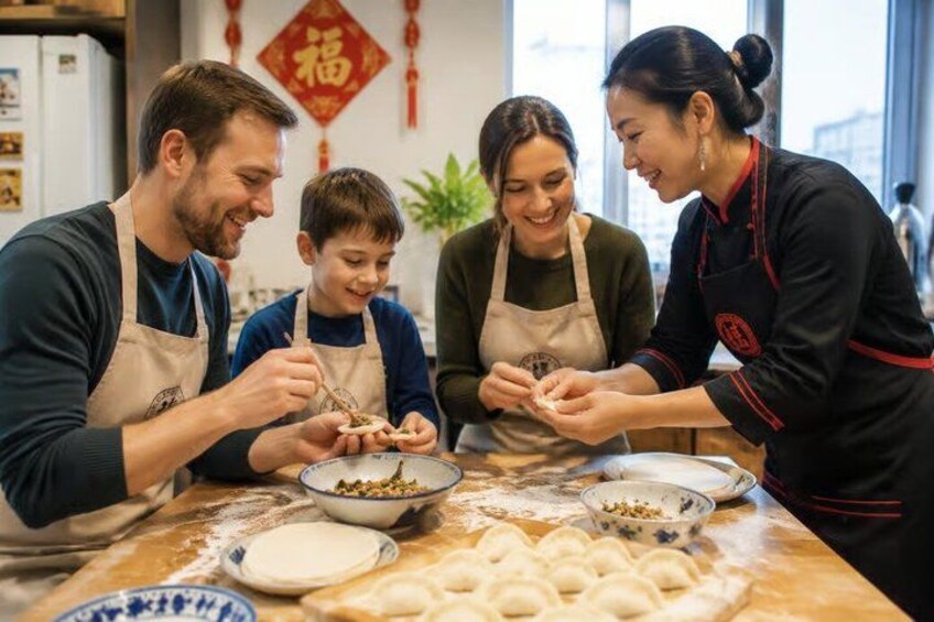 A family preparing food at a table with bowls of ingredients and dough. 5