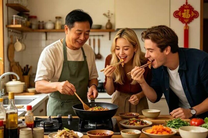 A kitchen with a person cooking, a dining table with food, and a red decoration on the wall. 1