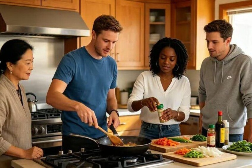 A group of people cooking in a kitchen with a stove, cutting board, and various vegetables. 3