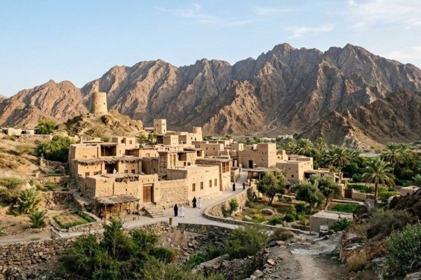A desert village with traditional buildings, palm trees, and mountains in the background. 5