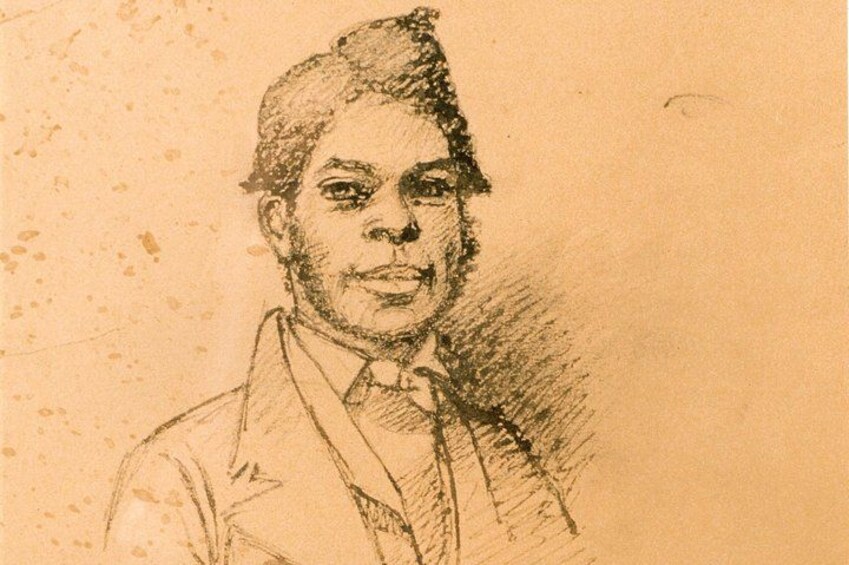 A sketch of a person with a bow tie and a collared shirt. 1