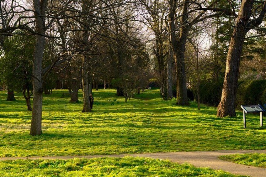 A park with a grassy path, trees, and a sign. 4