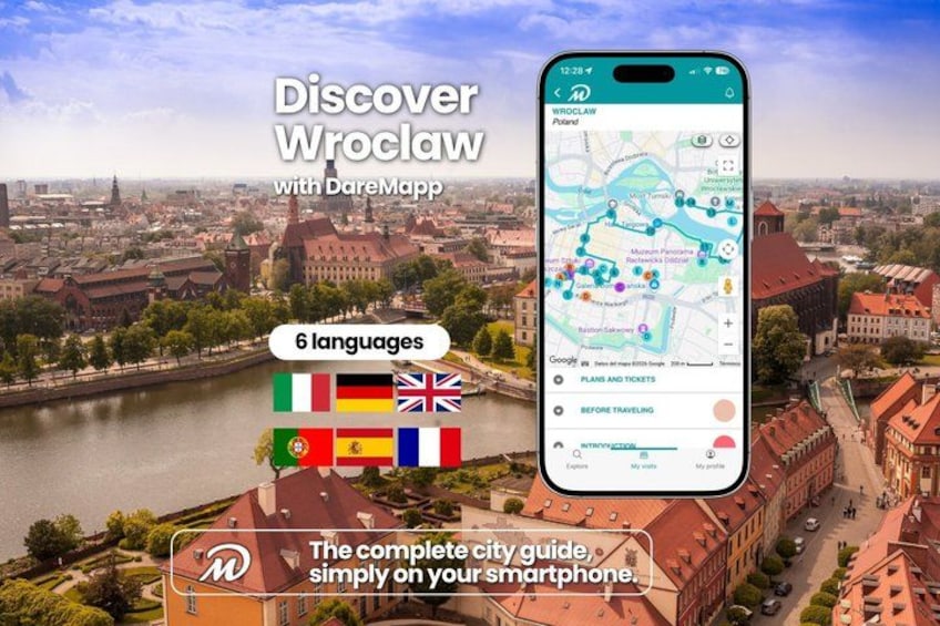 A smartphone displaying a map with the Wroclaw city guide, featuring landmarks and routes. 1