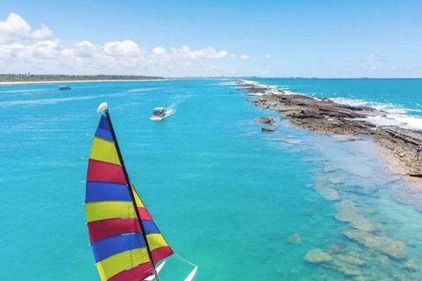 A clear blue sea, a rocky shoreline, and a sailboat with a colorful sail. 1