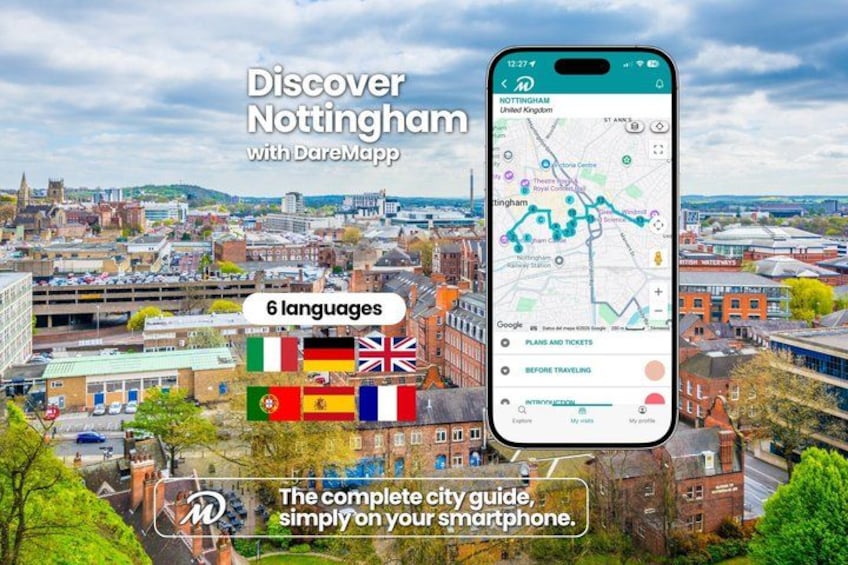 A smartphone displaying a map of Nottingham with various points of interest. 1
