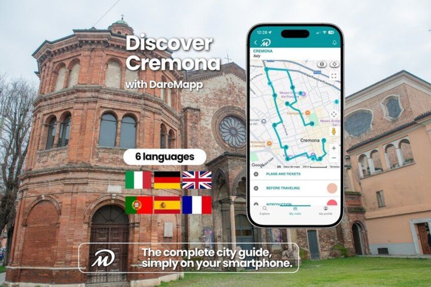 A historic building with a smartphone displaying a map of Cremona, Italy. 1