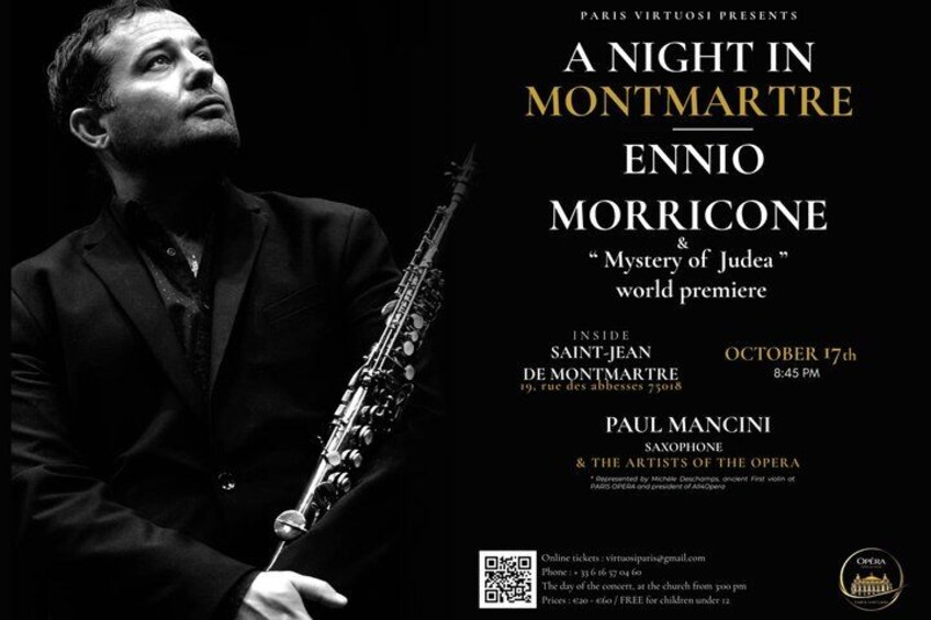 A promotional poster for a musical event featuring Ennio Morricone and Paul Mancini, with details about the venue and date. 1