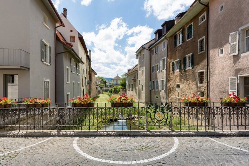 A cobblestone street lined with buildings, a canal, and flower boxes. 3