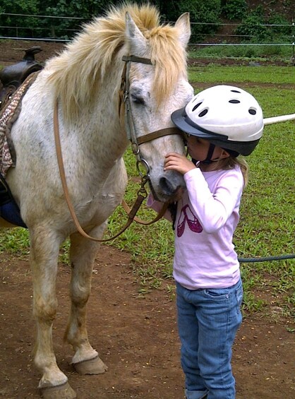 A child wearing a helmet petting a white horse with a saddle. 4