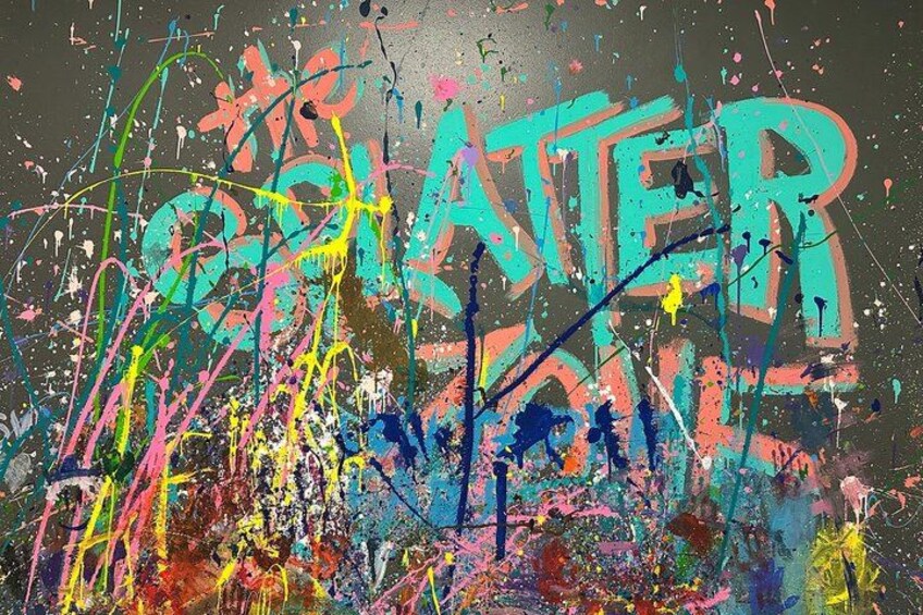A colorful abstract painting with splashes of paint and the word 'WATER' prominently displayed. 2