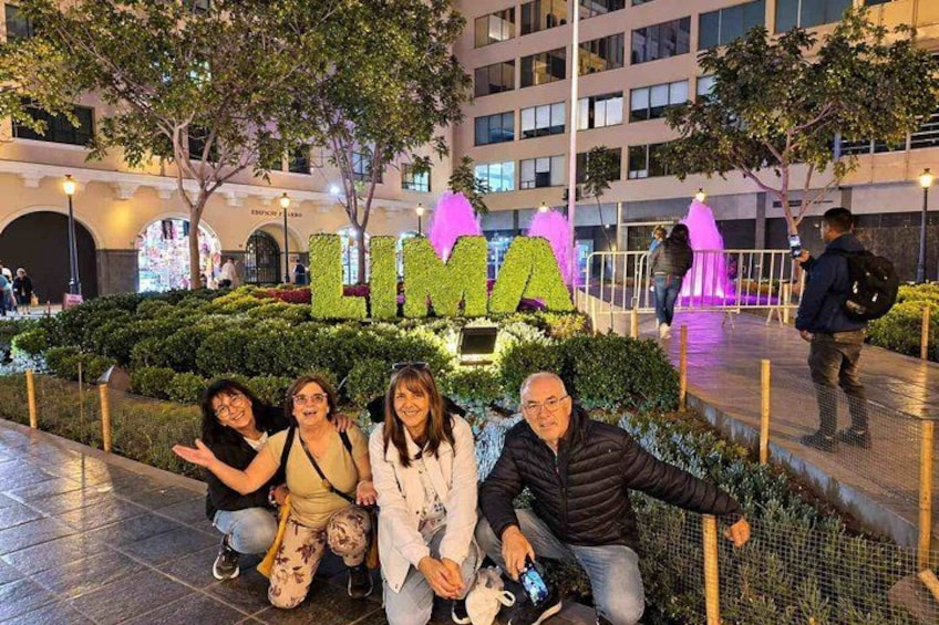 A group of people posing in front of a sign with the word 'LIMA' and a garden with trees and shrubs. 4
