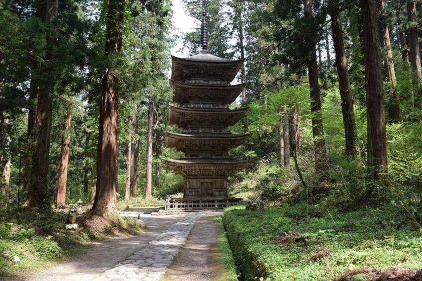 A pagoda-style structure surrounded by a forest. 3