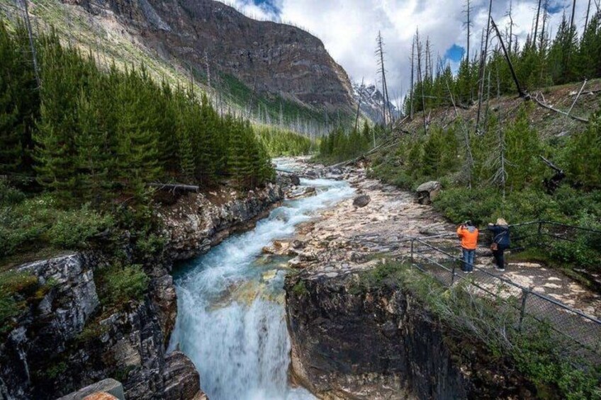 A river flowing through a forested valley with a waterfall, surrounded by mountains. 2