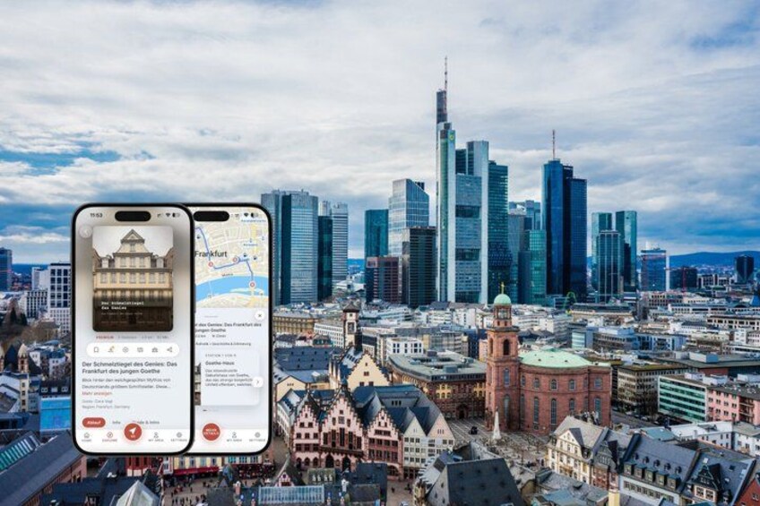 A cityscape with modern skyscrapers and historic buildings. 1