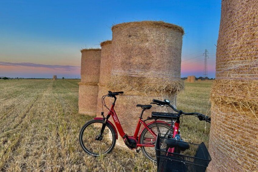 A red bicycle parked in a field with hay bales in the background. 3