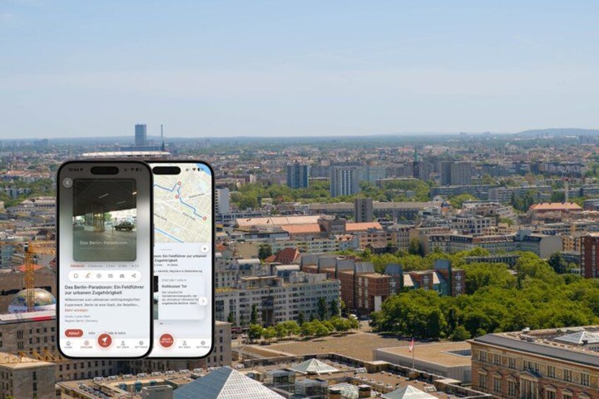A smartphone displaying a map with a cityscape in the background. 1