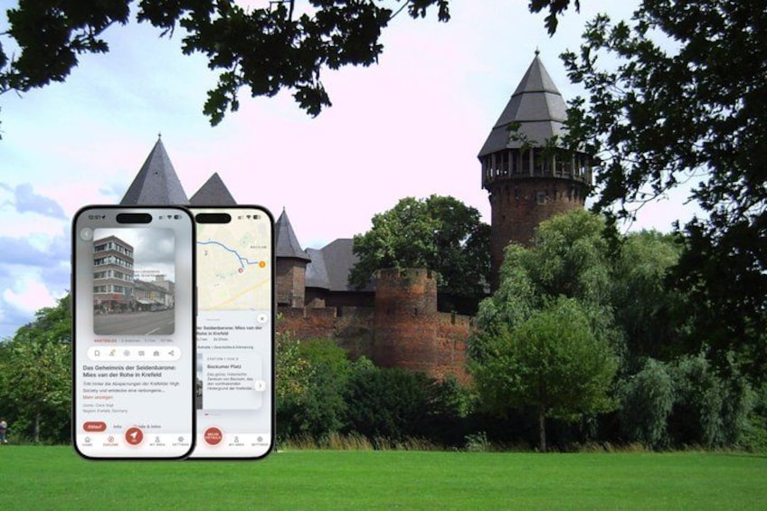 A castle with a tower and a smartphone displaying a map. 1