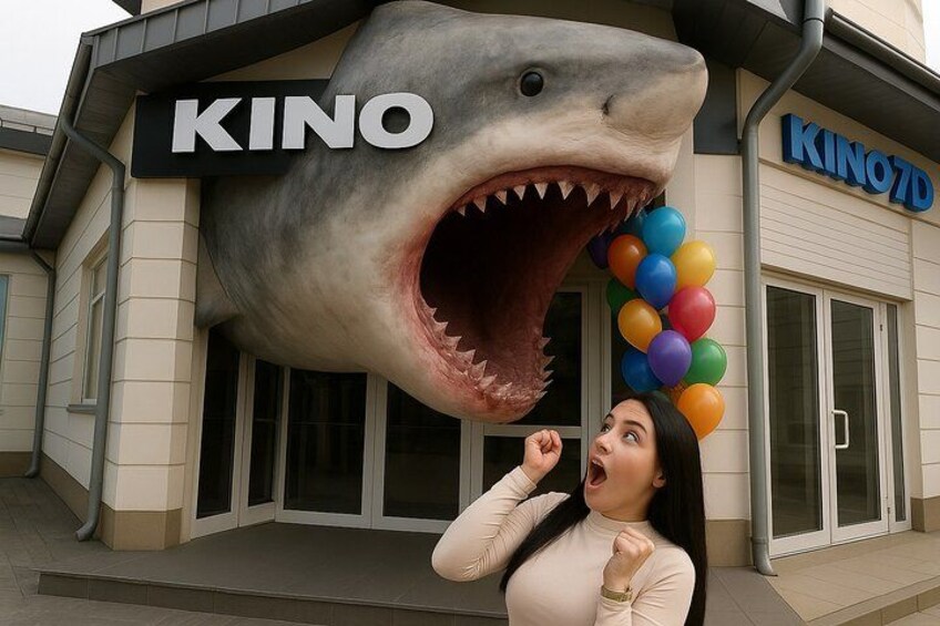 A building with a large shark graphic and the word 'KINO' on it. 1
