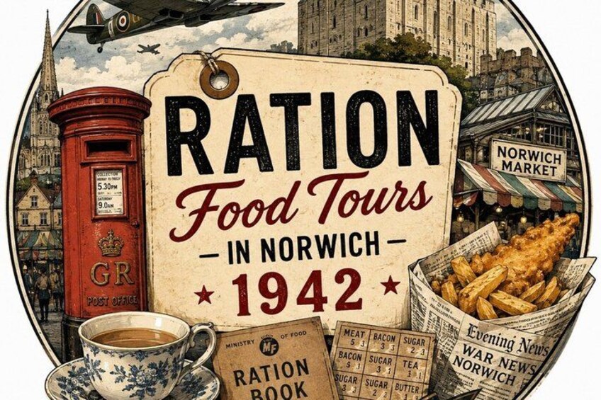 A vintage poster for Ration Food Tours in Norwich, 1942, featuring a red post box, a newspaper, a cup of tea, and a fish and chips stand. 1