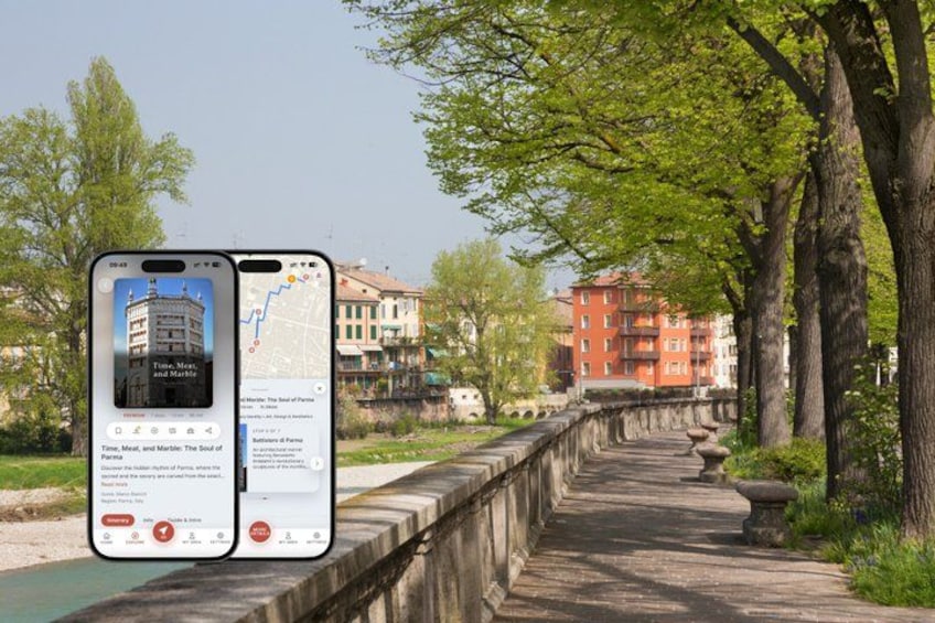 A smartphone displaying a map and a building labeled 'Thames, Market, and Parliament.' 1