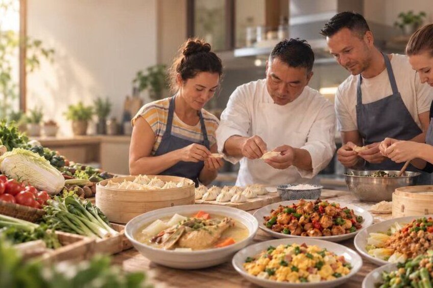 A group of people preparing food in a kitchen with various dishes and ingredients visible. 1