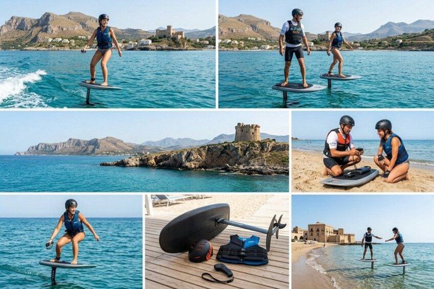 A person surfing on a board, a beach with a castle, and a couple on a paddleboard. 1
