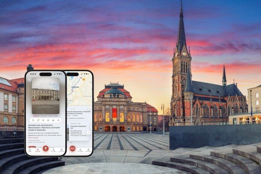 A city square with a historic building and a church, and two smartphones displaying maps and information. 1