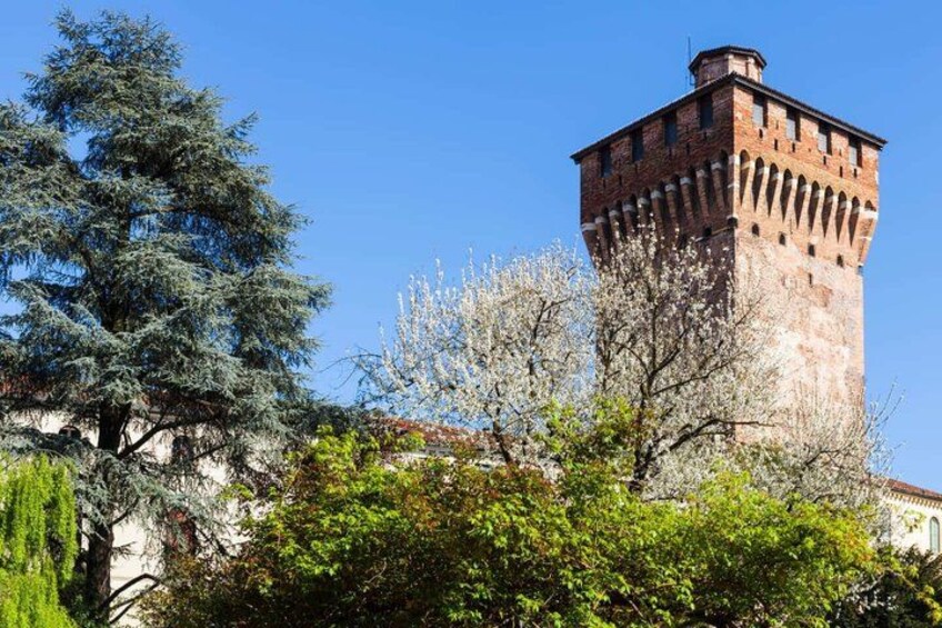 A tall brick tower with a clock, surrounded by trees and greenery. 4