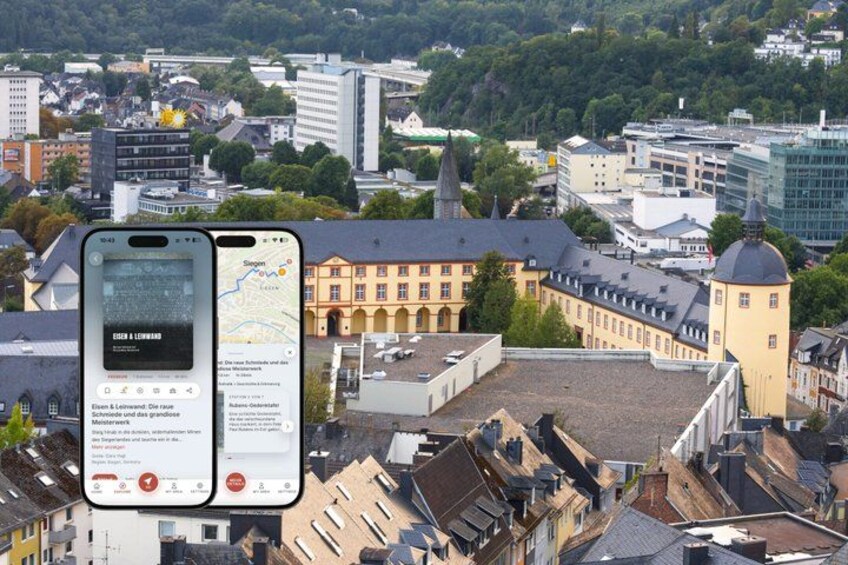 A smartphone displaying a map with a building labeled 'Siegfried & Leupoldt' in the foreground, with a cityscape in the background. 1