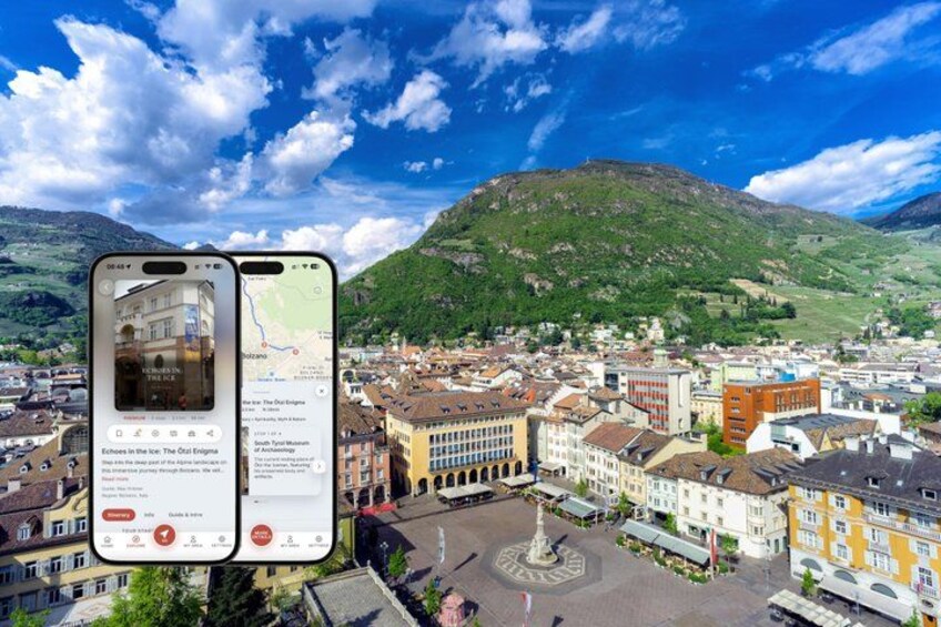 A smartphone displaying a map of a town with a prominent square and surrounding buildings. 1