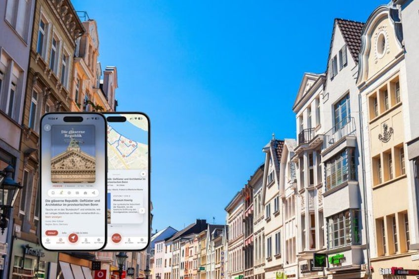 A smartphone displaying a map with a building labeled 'Die gläserne Republik.' 1